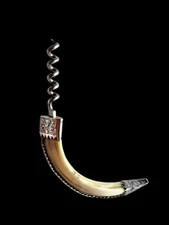 Antique Cork Screw Wine Bottle Opener Boar Tusk Solid Silver  Mounts Engraved