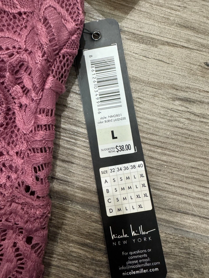 NICOLE MILLER Pink Lacy Lace Wireless Bra Bralette Large NWT - Image 3 of 4