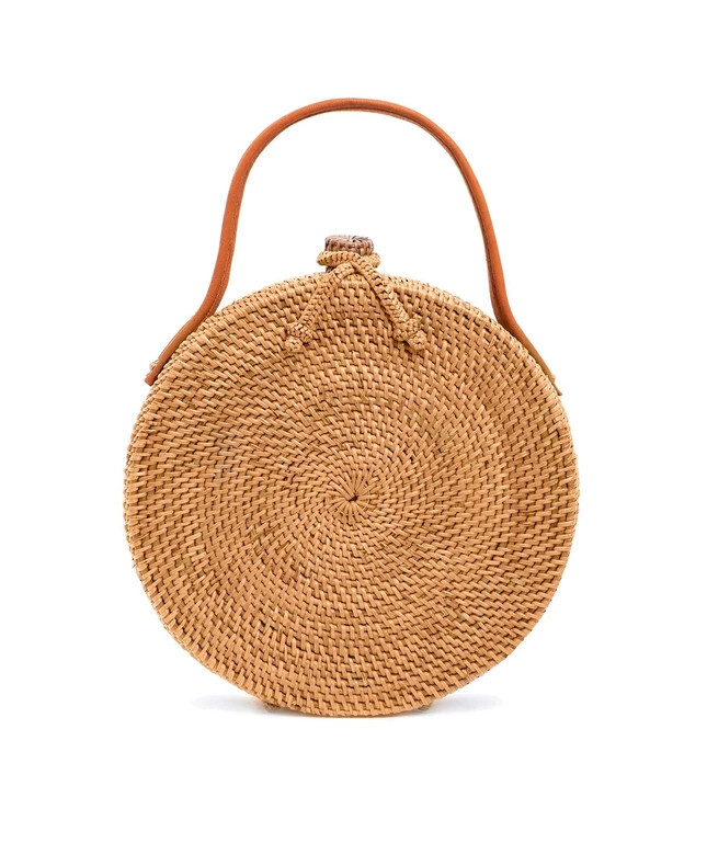 Classic Rattan Top Handle Bag Round Boho Style Handwoven Originally Thailand