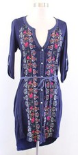 Tiny Anthropologie Plein Air Navy Blue Embroidered Shirt Dress Tie Waist Size XS