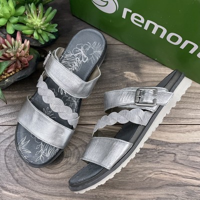 NIB Remonte Rieker Metallic Silver Platinum Leather Slide Sandal 39 8 R2757-90