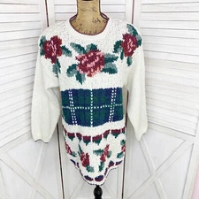 Vintage 90s Carolina Colours Sweater Women Medium Cream Floral Chunky Cottage