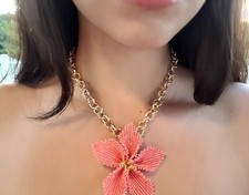 Aluminum Necklace, Mustard Seed Bead Pendant, Flower Necklace