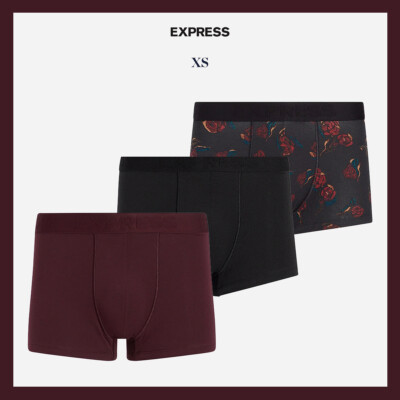 NWT - EXPRESS 3 Pack 2 1/2'' Cotton-Blend Trunks, Black Floral Print Sz XS - $48