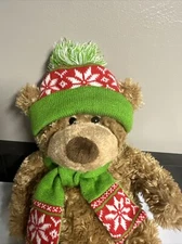Hugfun International Bear Brown Red Green Hat Scarf Plush StuffedAnimalSoft Xmas