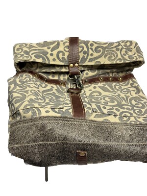 Myra Leather Fur Canvas Backpack Bag Grey Large Capacity Stylish
