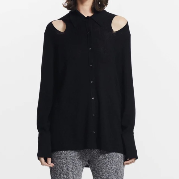 Dion Lee Merino Knit Pointelle Shirt Black Cut Out Shoulder Long