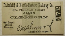 Unused Fairchild & North Eastern Railway Ticket Allen- Cleghorn (Wisconsin)