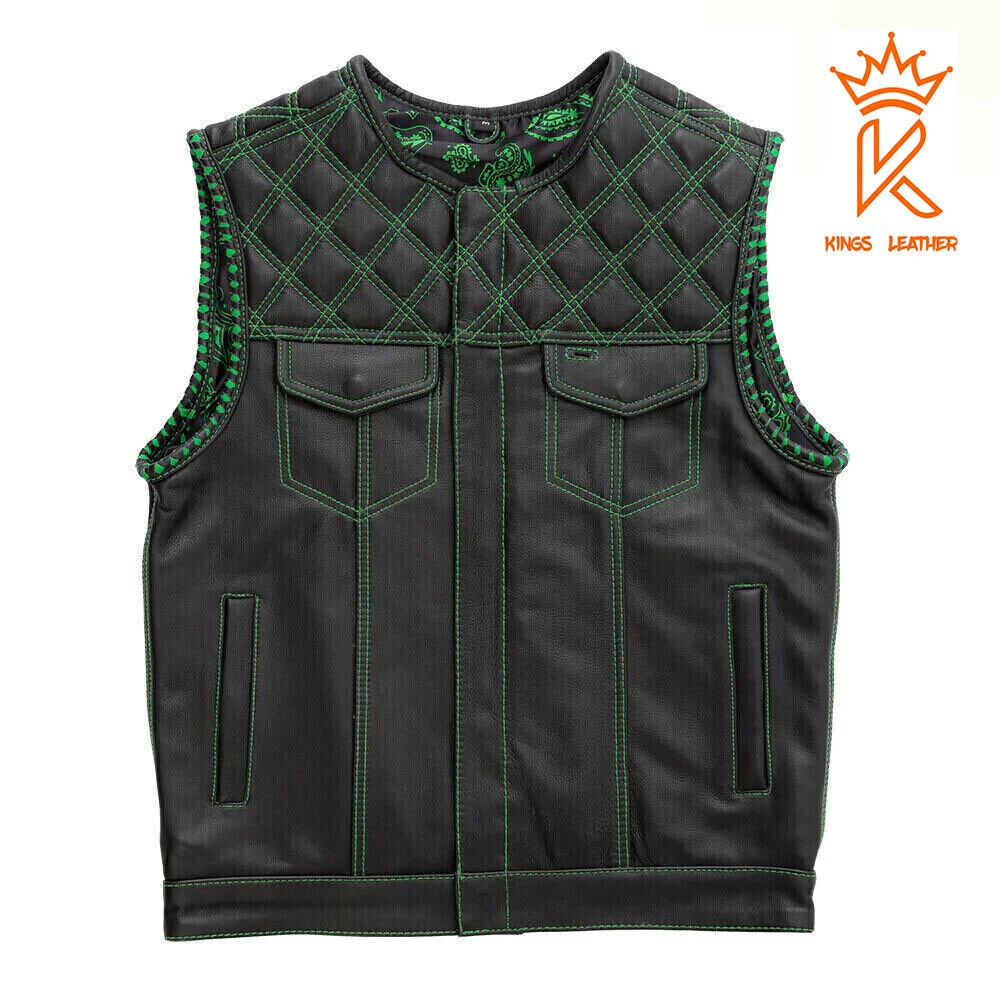 Black Leather Motorcycle Classic Vest Green Paisley Inner Bike Riding Waistcoat