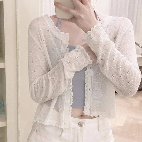 Lindo cárdigan tejido para mujer verano ahuecado suéter delgado para ropa de niña dulce - Imagen 3 de 18