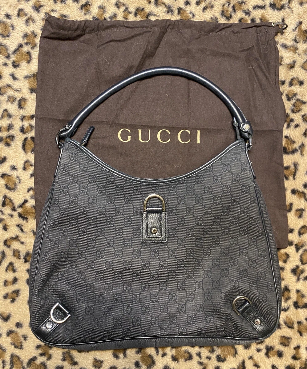 AUTHENTIC GUCCI Purse (Black) GG Canvas Abbey Medium D-Ring Hobo Bag