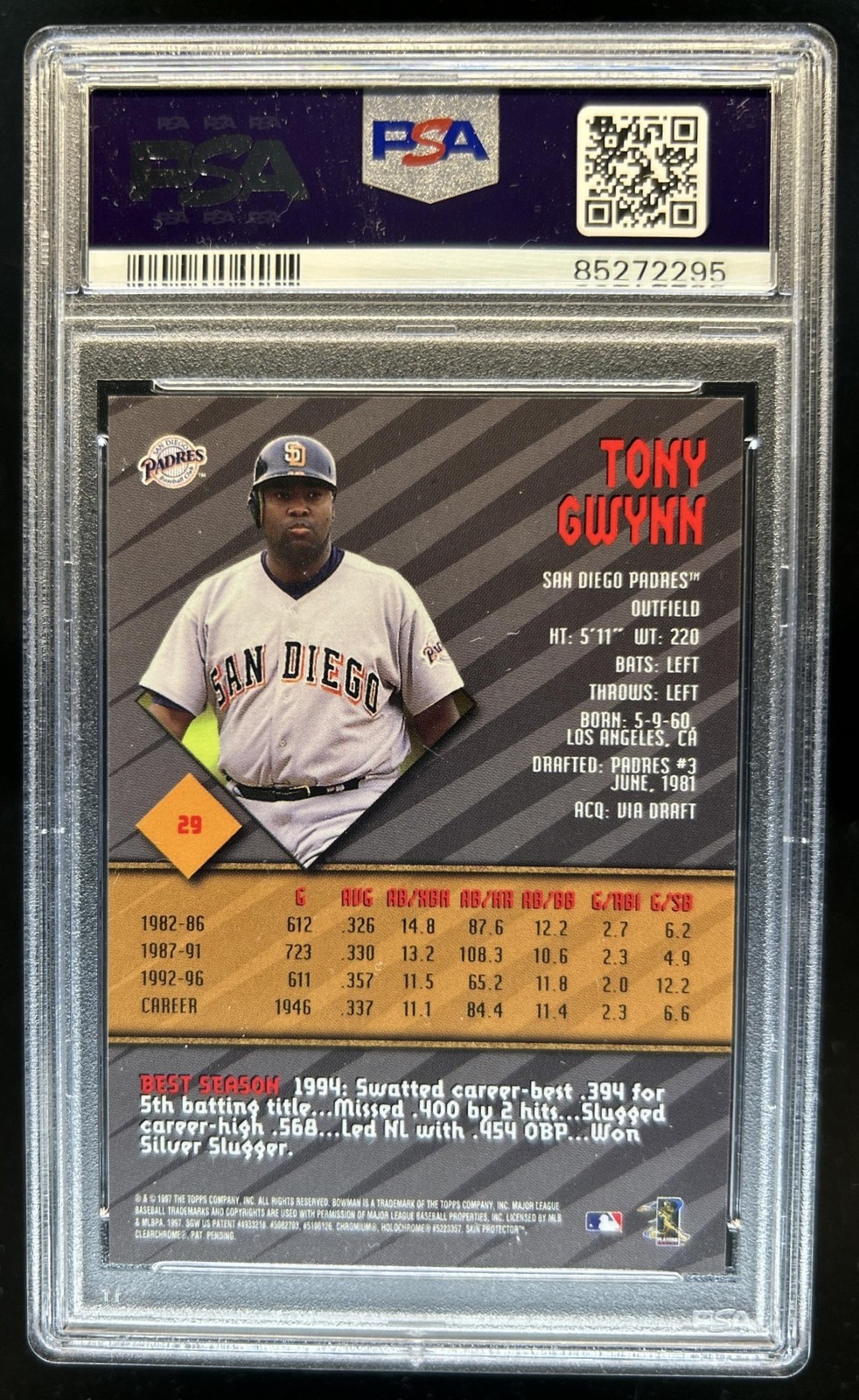1997 Bowman's Best Tony Gwynn Certified Auto Autograph #29 Padres PSA Authentic view 2