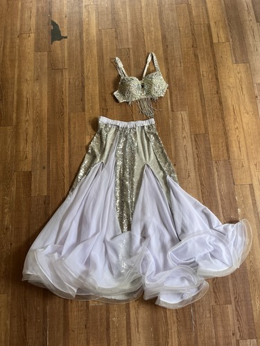 Women's Silver and White Belly Dance Costume Set with Sequin Bra, Skirt, & Belt
