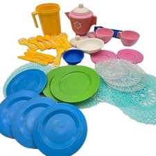 Fisher Price Vintage Tea Set Play Food Dishes 1985 Pink Yellow Blue Green 28pc
