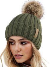 Womens Winter Knitted Beanie Hat with Faux Fur Pom Warm Knit Skull Cap Beanie fo