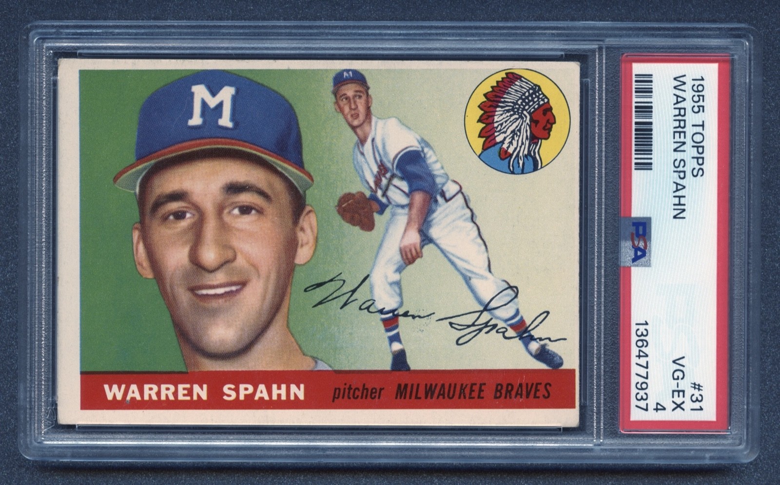 1955 WARREN SPAHN PSA 4 VG-EX TOPPS HOF MILWAUKEE BRAVES GORGEOUS 4 (#31) RZC
