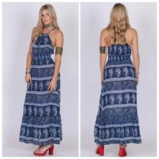 ANTHROPOLOGIE Raga Island Sleeveless Maxi Dress Printed Blue Tropical Size Small