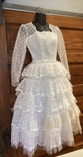 Vintage 1950s Lace Tulle Ruffle Long Sleeve Wedding Dress Rockabilly XXS