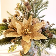 Gold poinsettia small table arrangement, Christmas floral arrangement