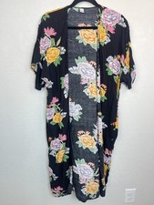 Floral Kimono Cardigan Black Viscose Boho Oversized Size M/L
