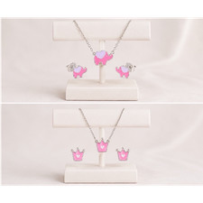 Pink Elephant Crown Enamel Jewelry Set Necklace Earrings for Kids Princess