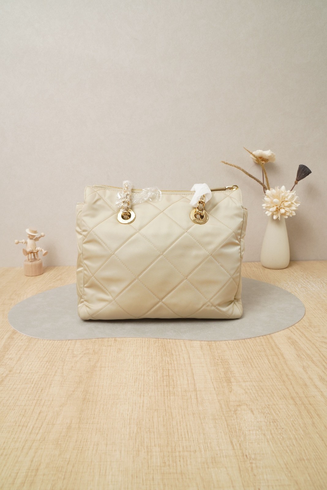 Prada 1978 Shoulder Bag Small Beige Gold Nylon/Dustbag/Leather Tag