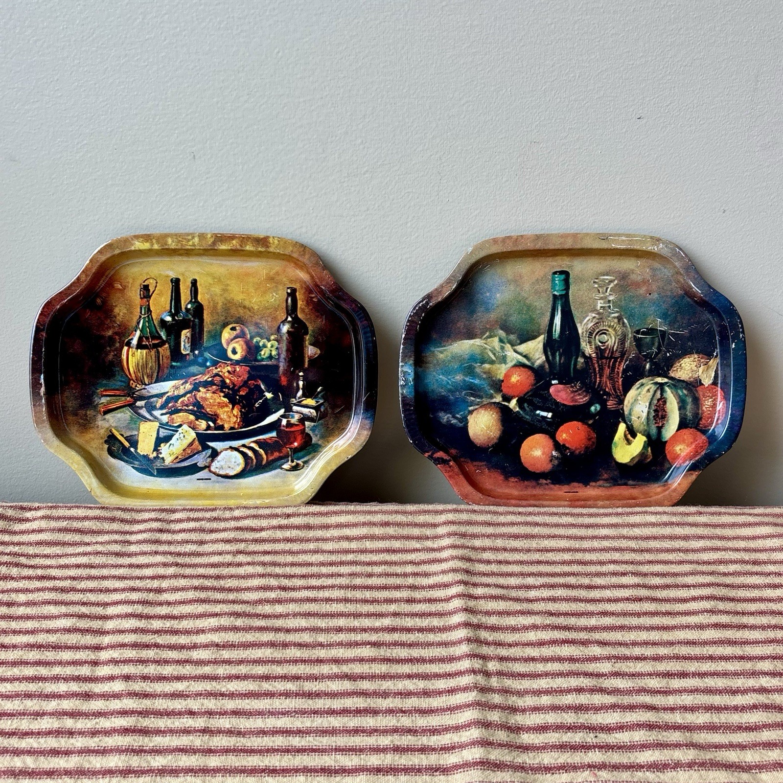 Vntg Set 2 Mini Litho Trays Still Life Spanish Fruit, Wine, Cheese Catch-All