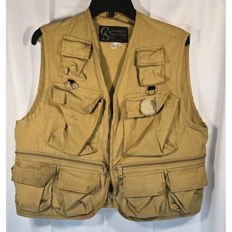 Vintage Columbia Sportswear Fishing Vest Mens Large Tan Canvas Multi-Pocket Fly