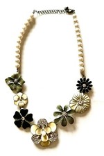 Flower Necklace Enamel Pearl  Rhinestone Ivory Grey  Silver Tone 10" Clasped