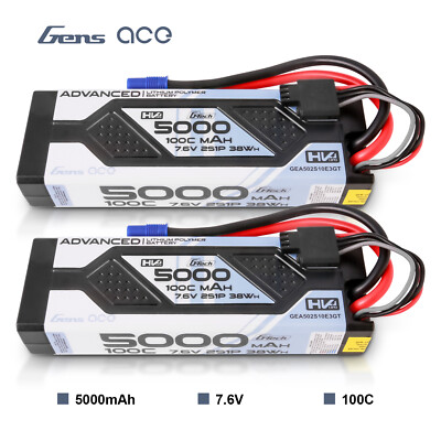 2X Gens Ace 5000mAh 7.6V 100C G-Tech 2S Lipo Battery HV EC3 For 1/8 1/10 RC Car