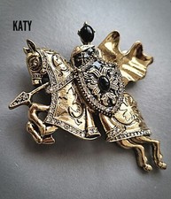 Large Antique Gold Medieval Knight Horse Shield Black Crystal BROOCH Pin Gift