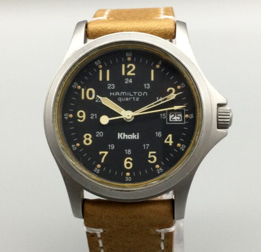 Hamilton Khaki 9821C Watch Men 37mm Silver Tone Date Leather Band 