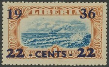 LIBERIA 1936 Freim.-AH-Ausg. 22 Cents blauer Aufdruck a. 1 $ braun/blau ** ABART