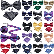 Pre/Selftied Bowtie Mens Bow Tie Hankie Cufflinks Set Wedding Formal Party Event