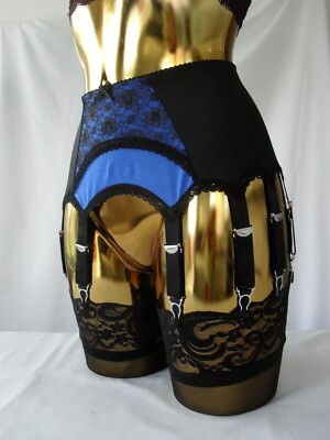 Großer 14 Riemen schwarz blau Lycra Bogen Spitze Designer Retro Stil Strapsgürtel