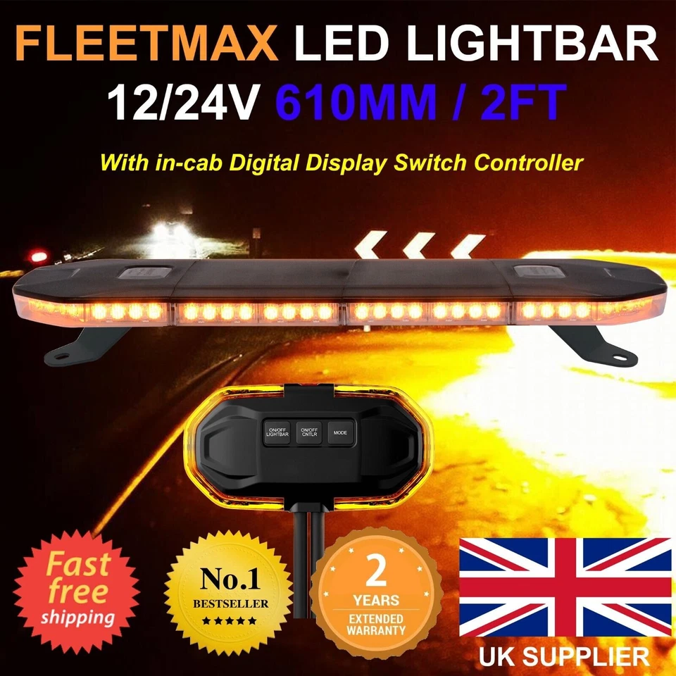 Yellow Beacon Light Bar Amber LED Recovery Flashing Strobe 670mm 2.2ft 12v 24v