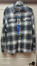 Orvis Flannel Shirt Men’s Gray Navy Tan Black Plaid Button Up Size Large Pockets
