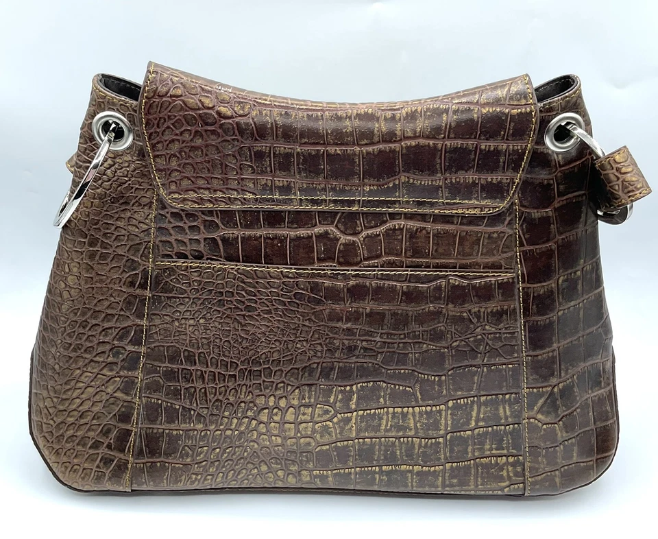 Bolso de Mano Charlie Lapson Cuero Marrón Oscuro Croco Cuero Repujado con Lavado Dorado Foto 4 de 4