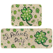 St Patricks Day Kitchen Rugs Set of 2, Non-Skid Washable Shamrock Clover Fron...