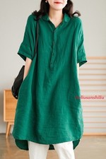 Women's Shirts Summer Vintage Cotton Linen Mid-Length Loose Pullover Blouse Tops
