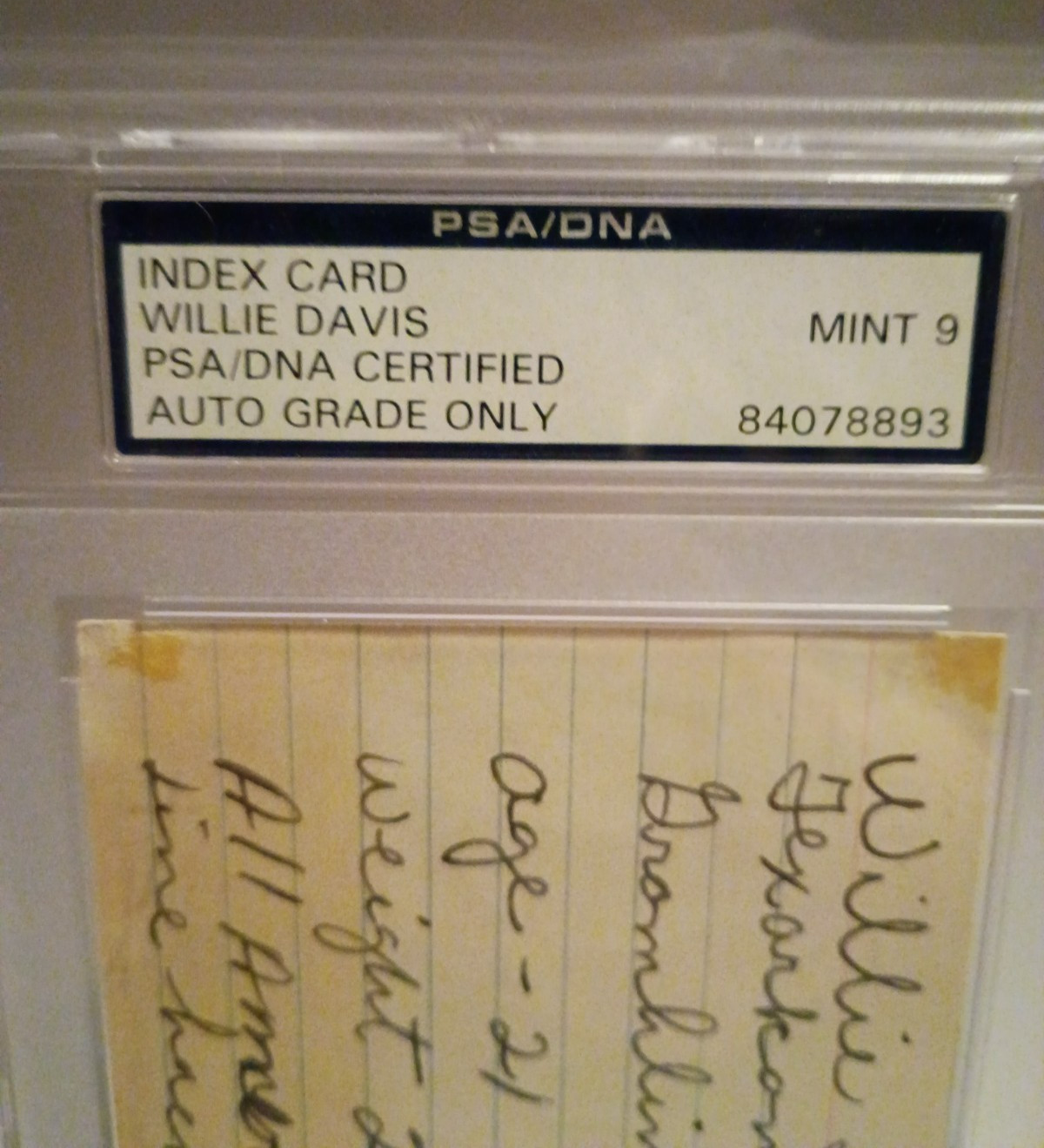 Willie Davis- Index Card -PSA/DNA Certified -Autograph with Pedigree Info- PSA 9 - second product detail image