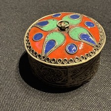 Beautiful Ornate Vintage Indian Silver Trinket Box with enamel top great colours