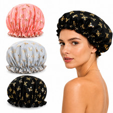 Waterproof Double Layer Shower Cap Reusable Bath Hair Cap Gold Print Women Hat