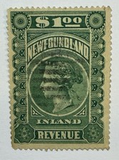 Newfoundland 1898 VanDam #NFR6 $1 green Victoria “Inland Revenue” Used/Offset