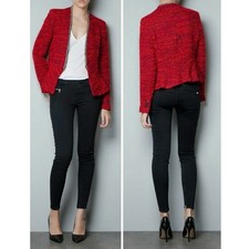 Zara Basic Women Red Tweed Boucle Blazer Metallic Bead Trim Jacket Size XS READ