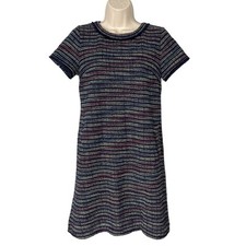 LOFT Navy Blue Multi Color Boucle Tweed Stripe Fringe Shift Dress Size 0
