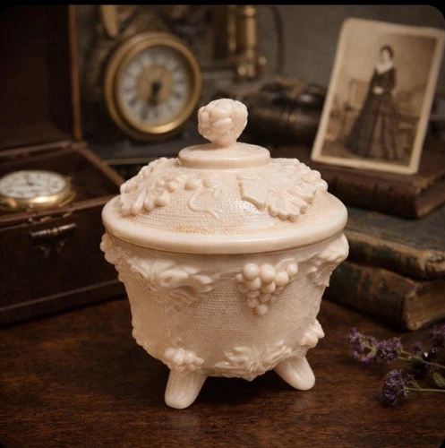 Vintage Shell Pink Milk Glass Raised Grape Footed Candy Dish Sugar Bowl with Lid