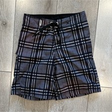 Hurley Boys Plaid Board Shorts Swim Trunks Gray Black White Size 6/6 Polyester