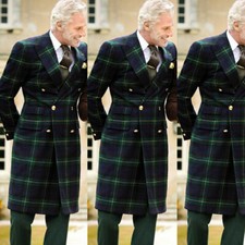 Double Breasted Men Suit Long Jacket Green Check Tuxedo Wide Peak Lapel Overcoat