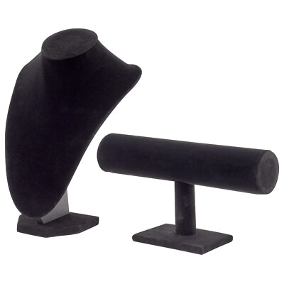 2-Piece Black Velvet Jewelry Display Set with T-Bar Stand and Mannequin Bust